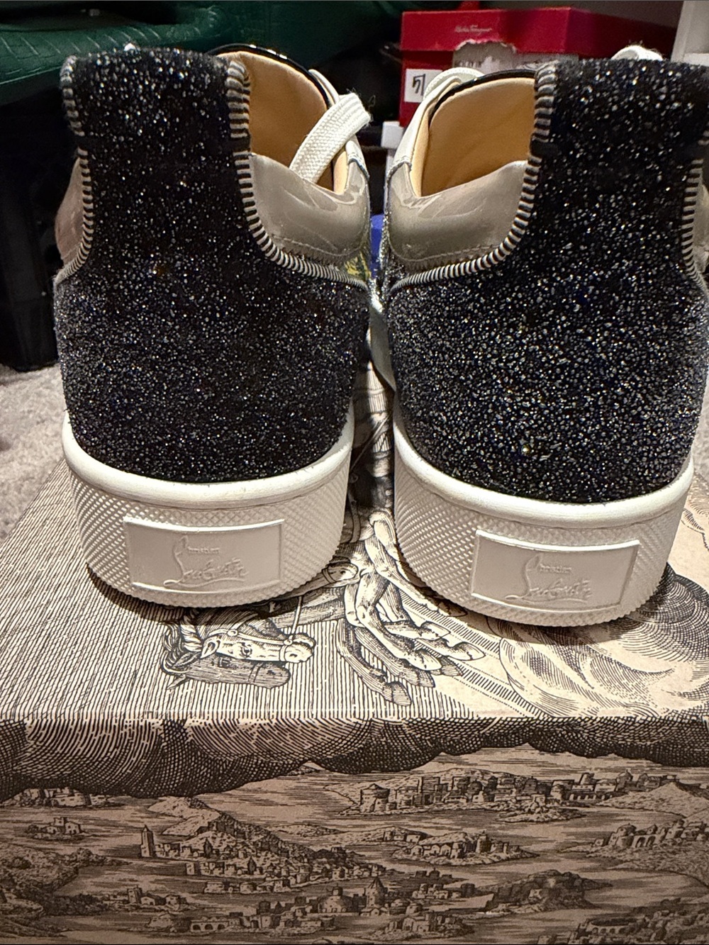 Christian Louboutin White, Black and Green Sequin-Accent Low-Top Sneakers - Picture 10 of 10
